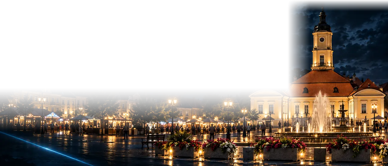 Rynek Kościuszki w Białymstoku nocą — oświetlony Ratusz i fontanna